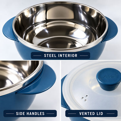 Apex Hot and Serve Serving Bowl Set with Lids, Steel Inner Casserole (3 Pc Set)