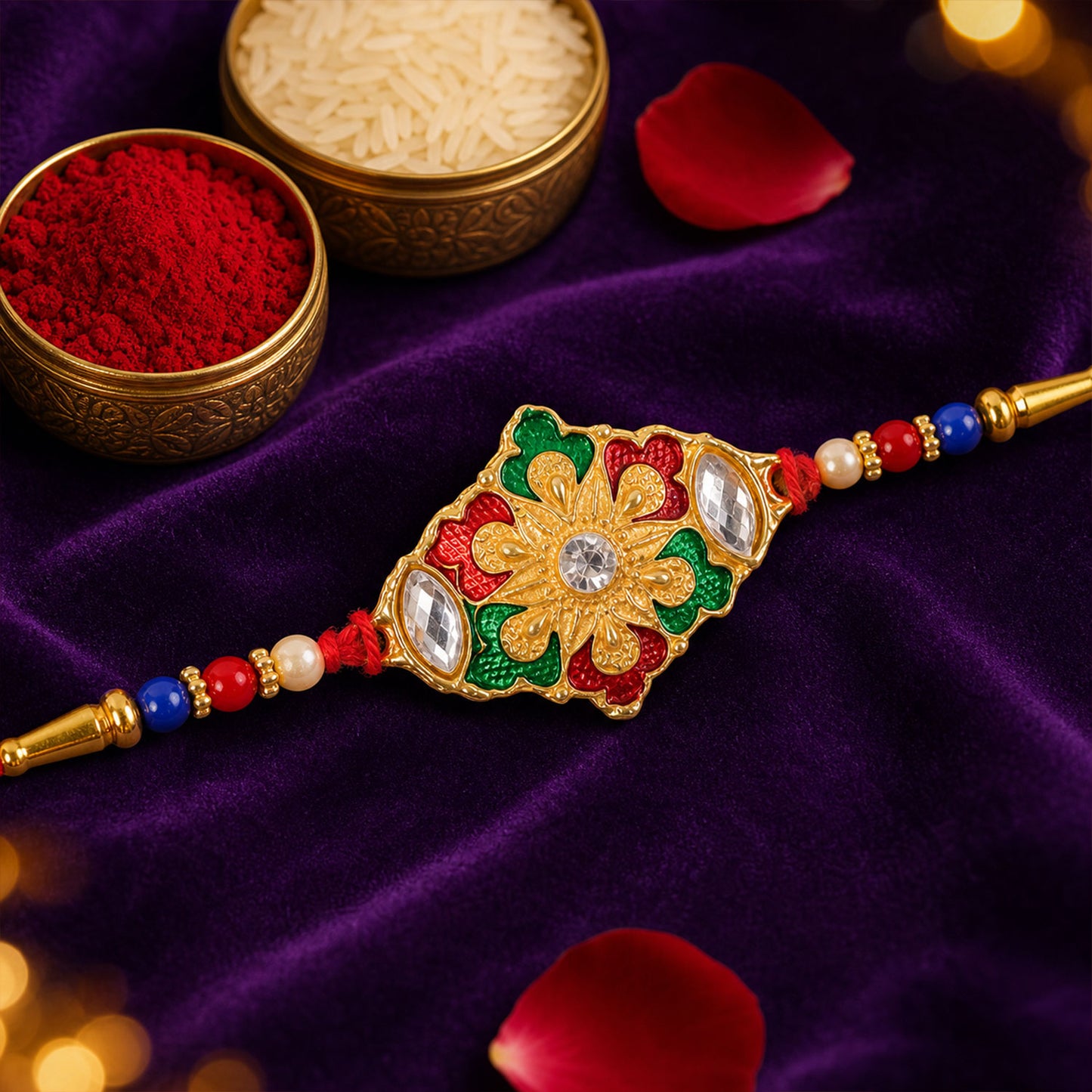 A gold-colored Rakhi with a central floral design in red, green, and white stones, on a purple velvet background.