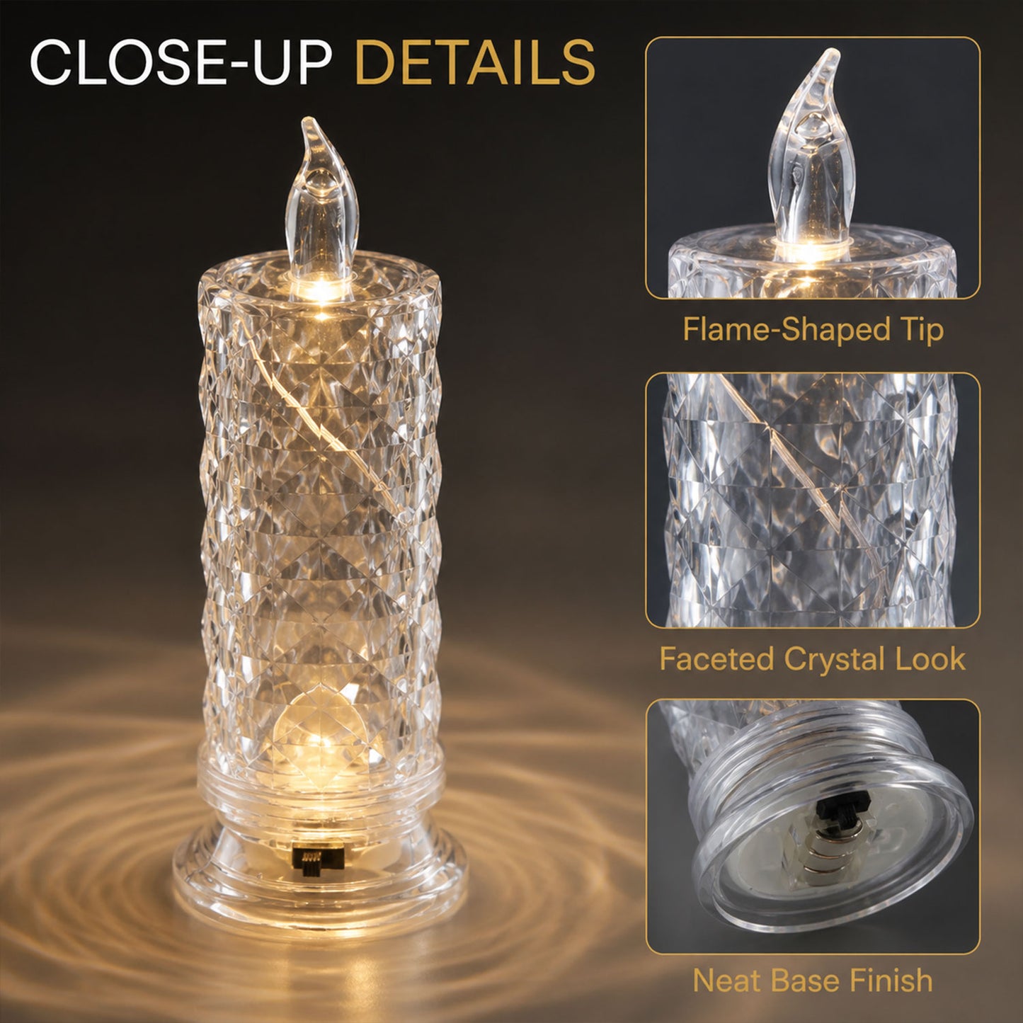 Close-up details of the crystal LED candle, showing its flame-shaped tip, faceted body, and base.