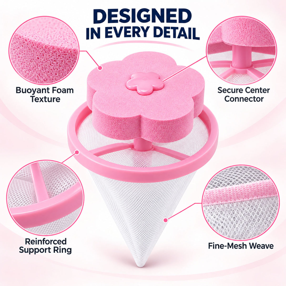 A pink flower lint filter highlights its foam texture, connector, support ring, and mesh weave.