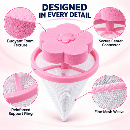 A pink flower lint filter highlights its foam texture, connector, support ring, and mesh weave.