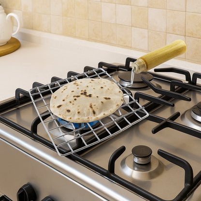 Kitchen Square Stainless Steel Roaster Jali, Barbecue Grill with Wooden Handle