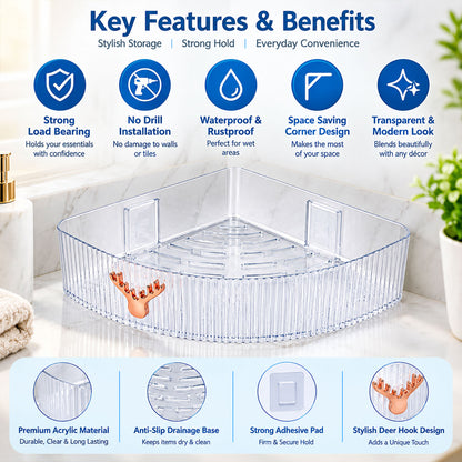 Apex Transparent Corner Rack with Adhesive Mounts for Bathroom Storage Shelf (1 Pc)
