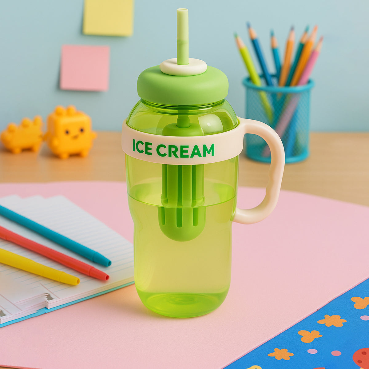 A green and clear plastic bottle with a straw and handle on a desk with school supplies.