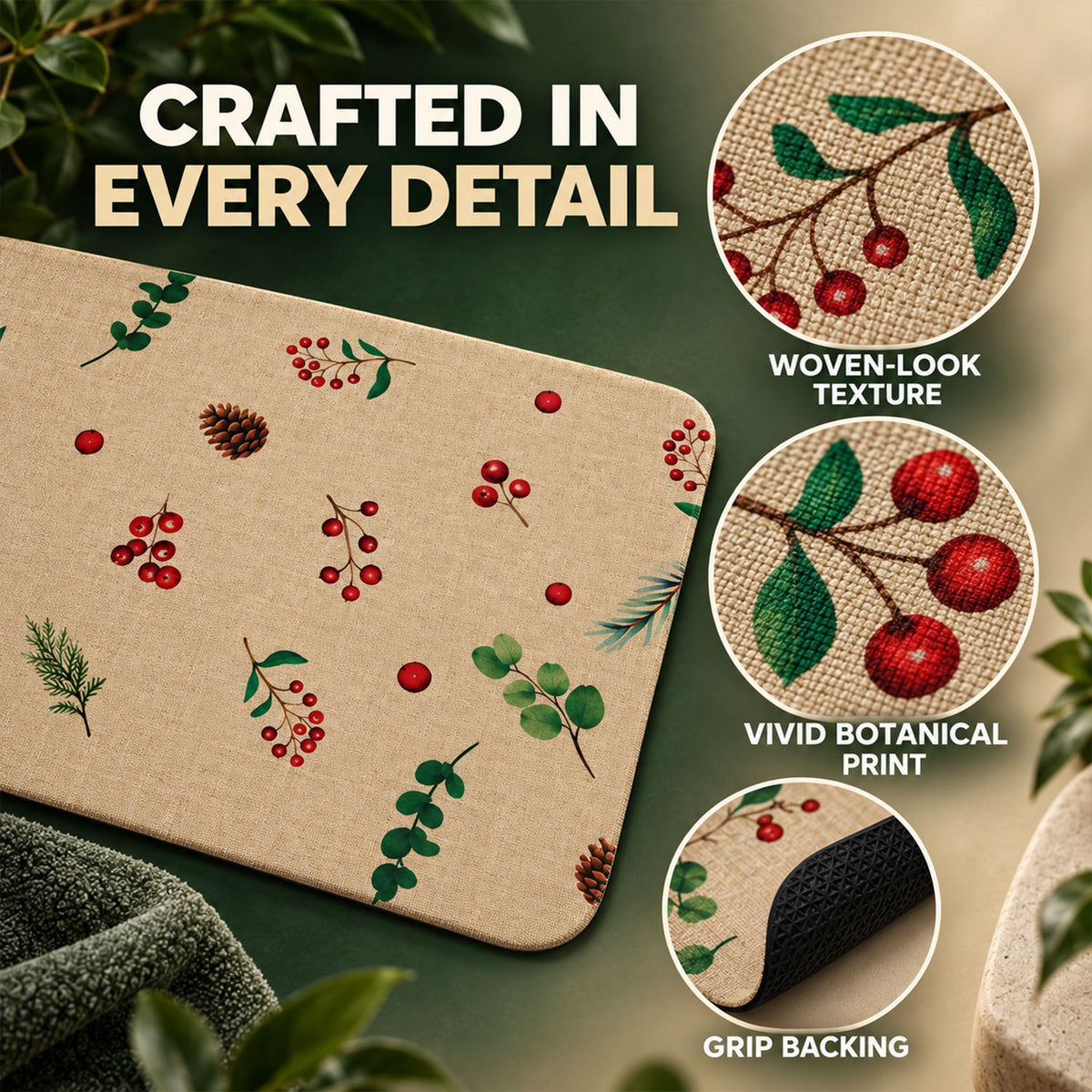 Botanical Berry Print Bath Mat, Linen Look Anti-Slip Floor Rug (1 Pc, 57x38 Cm)