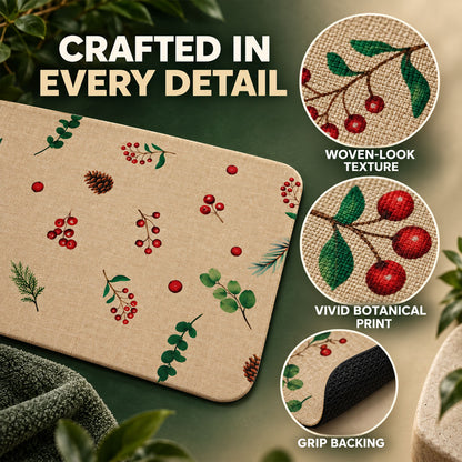 Botanical Berry Print Bath Mat, Linen Look Anti-Slip Floor Rug (1 Pc, 57x38 Cm)