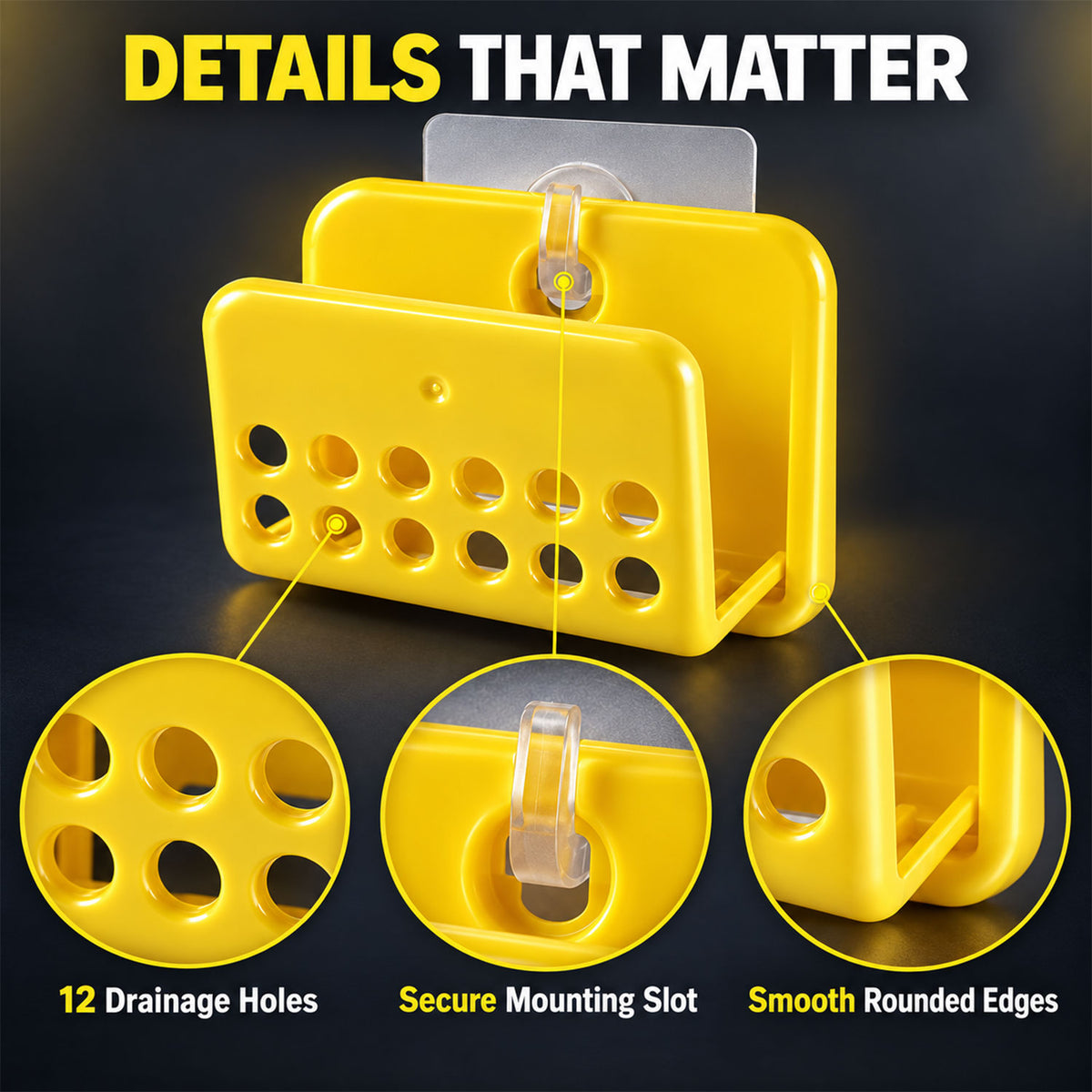 A yellow plastic sponge holder with three circular insets highlighting drainage holes, secure mounting slot, and smooth