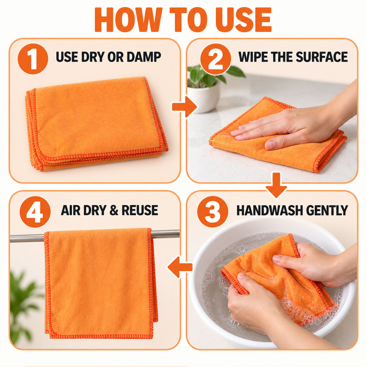 Orange Cotton Multipurpose Duster Cloth for Car and Home (3 Pc, 48 x 74 Cm)