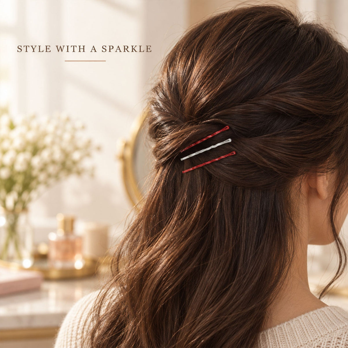glitter red and silver metal hair pins set