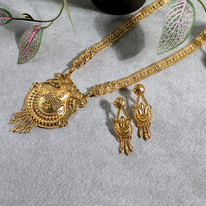 Gold-Tone Traditional Necklace Set with Ornate Pendant & Coordinated Drop Earrings