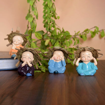 Decorative Resin Monk Buddha Showpiece Set of 4 with Traditional Straw Hats