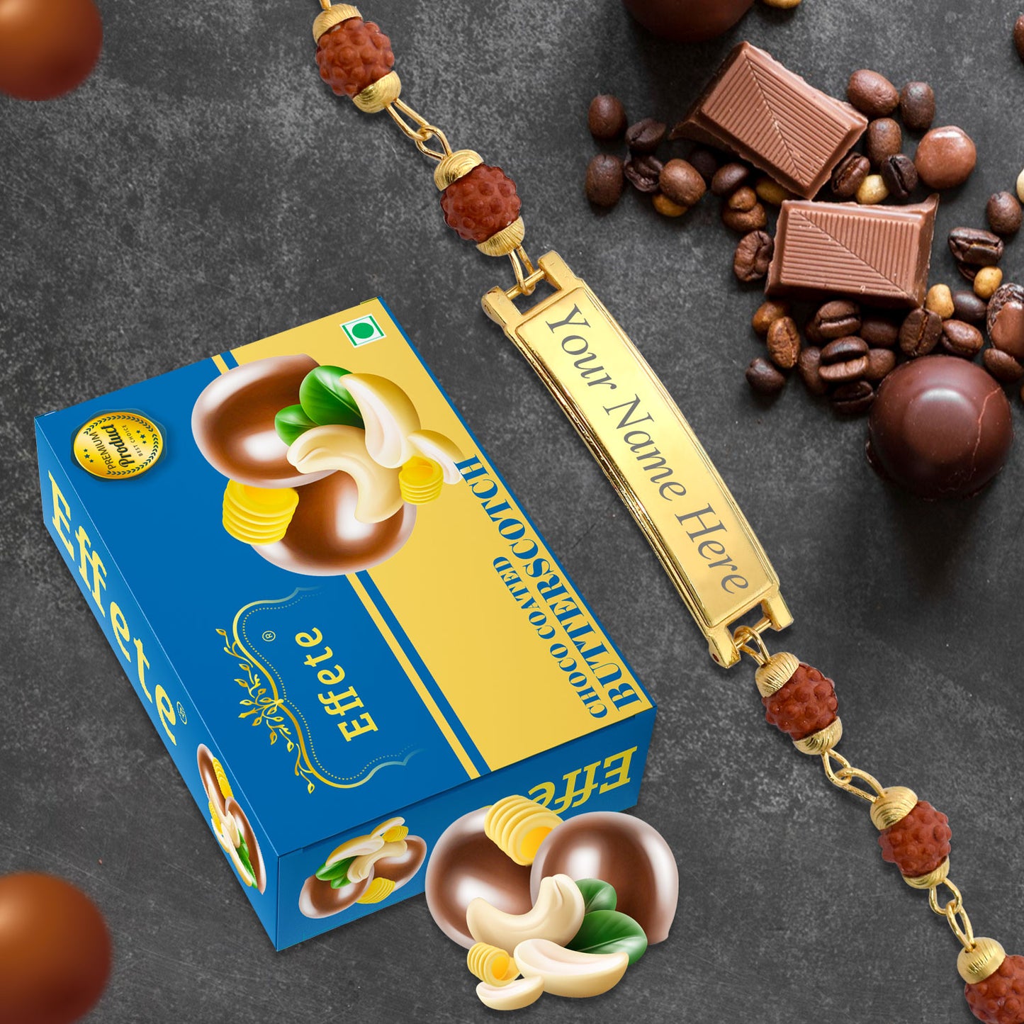 Personalized bracelet and chocolate gift combo displayed elegantly in a box, ready for gifting.