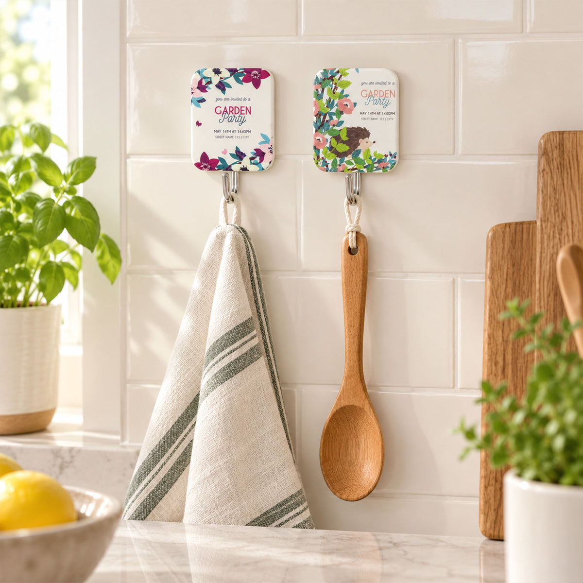 Two floral sticky hooks on a white tiled kitchen wall, holding a striped hand towel and a wooden spoon.
