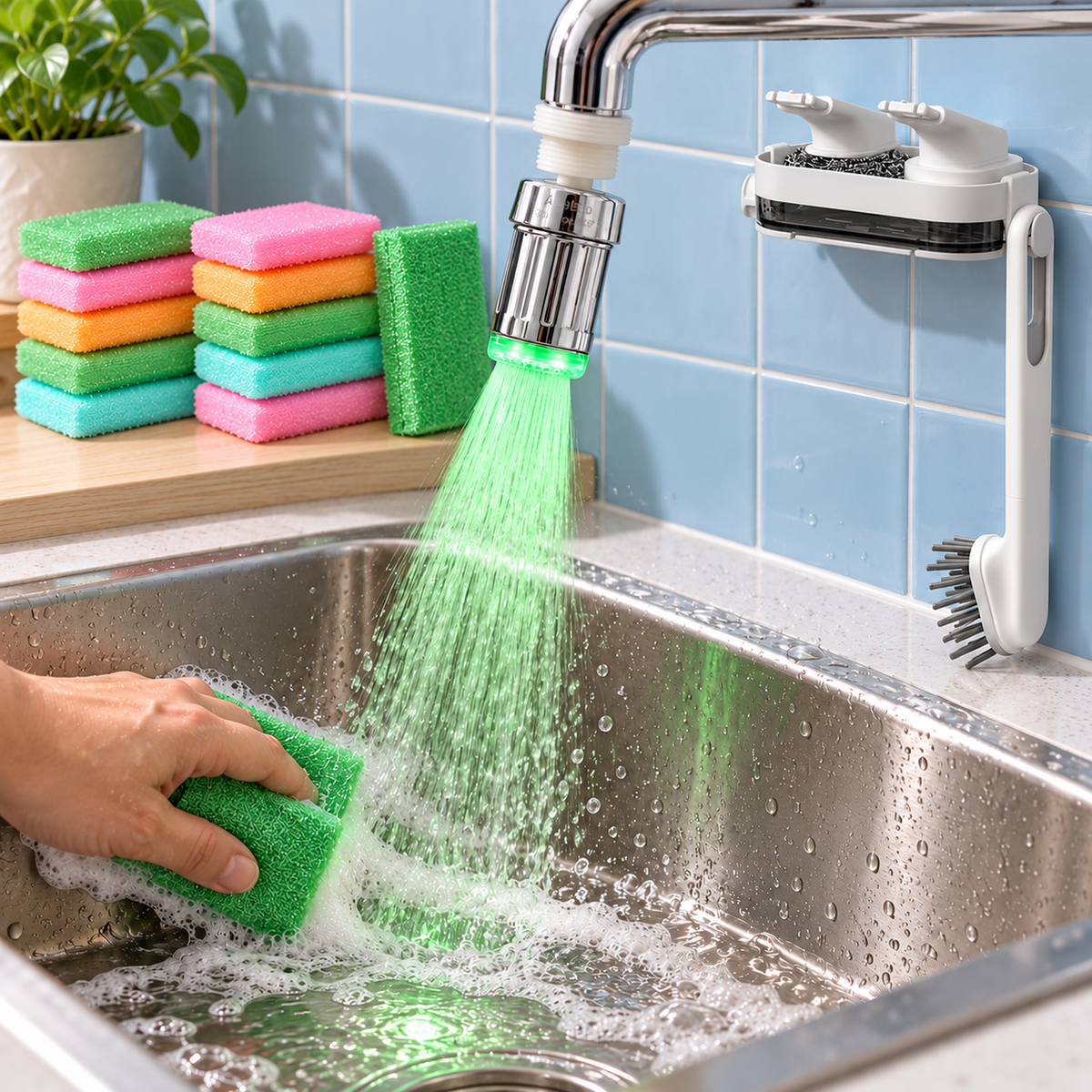 A hand scrubs a stainless steel sink with a green sponge, while a faucet sprayer emits a green stream of water.