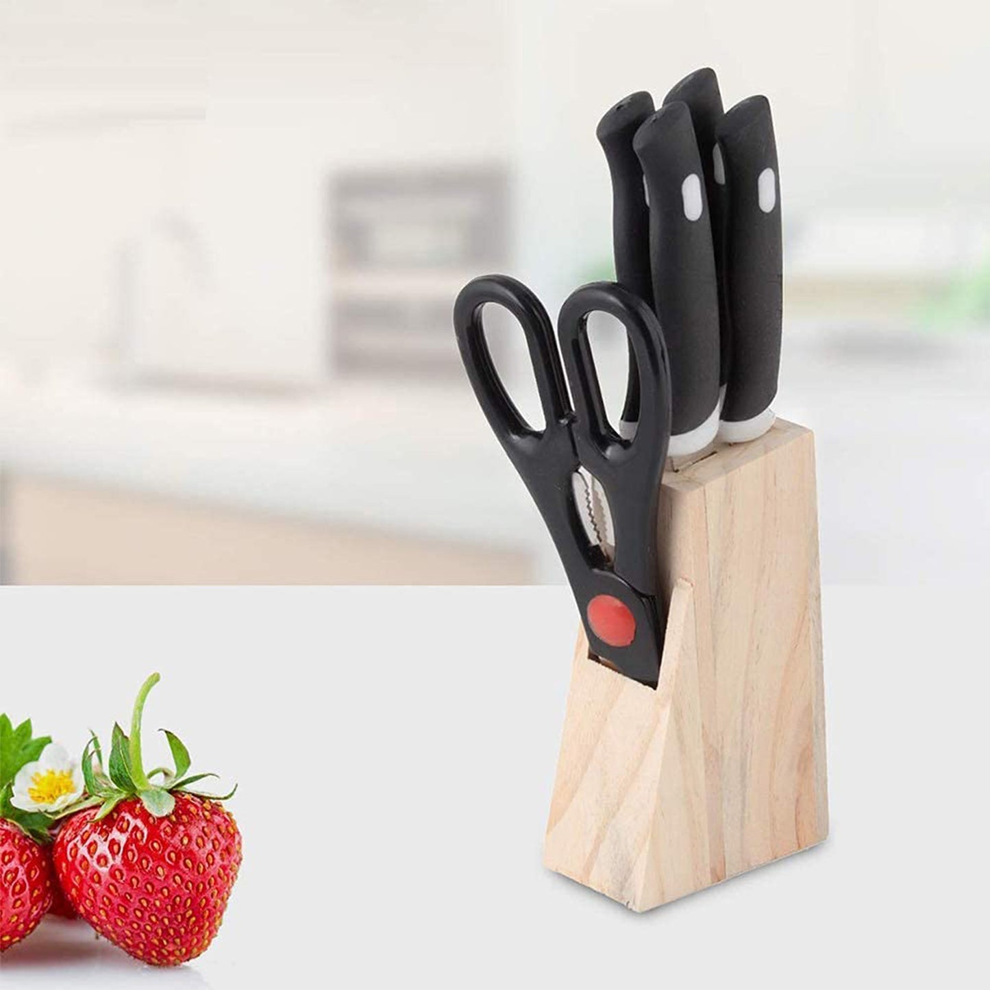 Kitchen Knife Set with Wooden Block and Scissors (5 pcs, Black)