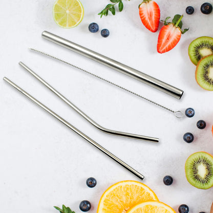 Reusable Stainless Steel Straws with Travel Case Cleaning Brush Eco Friendly Extra Long Metal Straws Drinking Set of 4 (2 Straight straws, 1 Bent straws, 1 Brush)