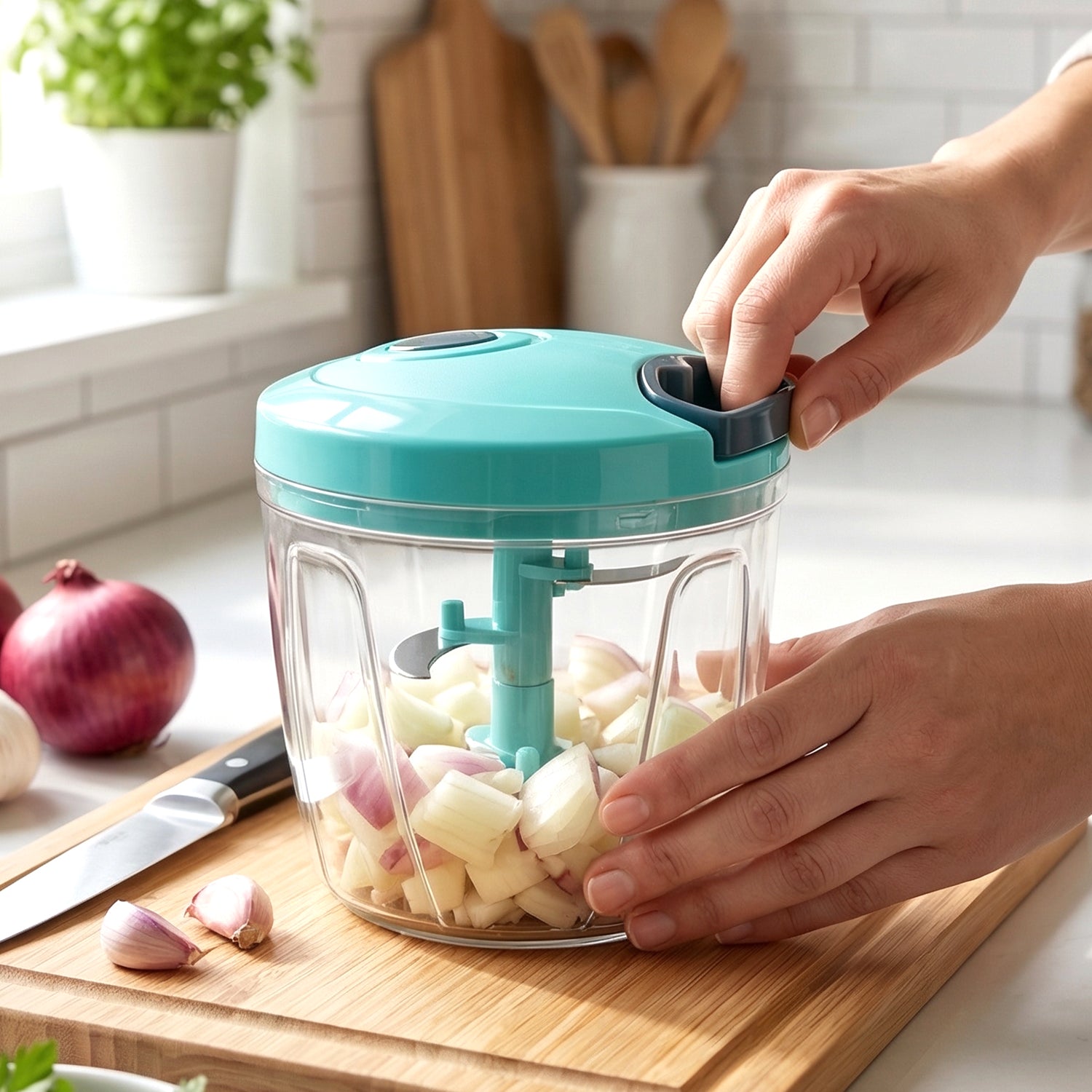 Hand held 6 Blade 2in1 Food Chopper in kitchen setting