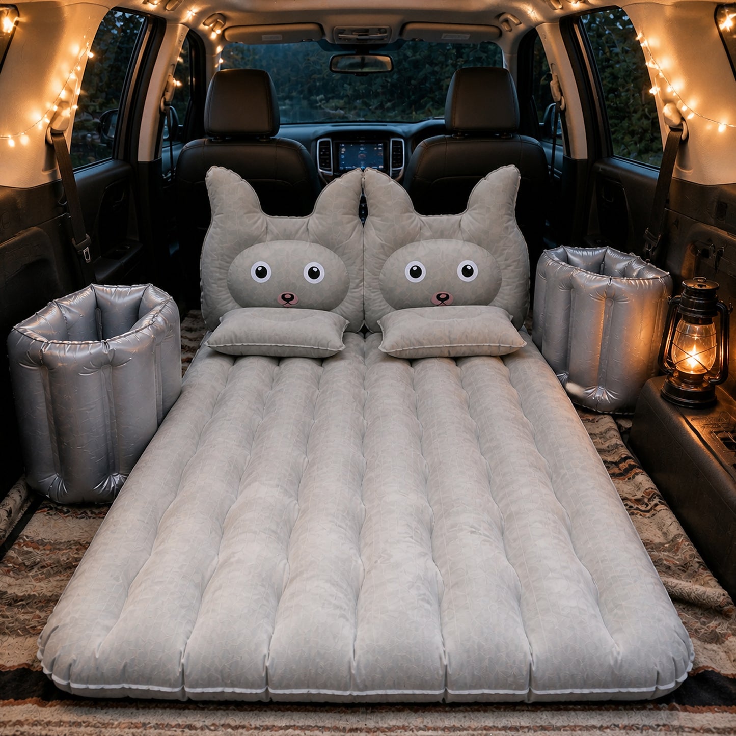 Air mattress set in car back seat interior
