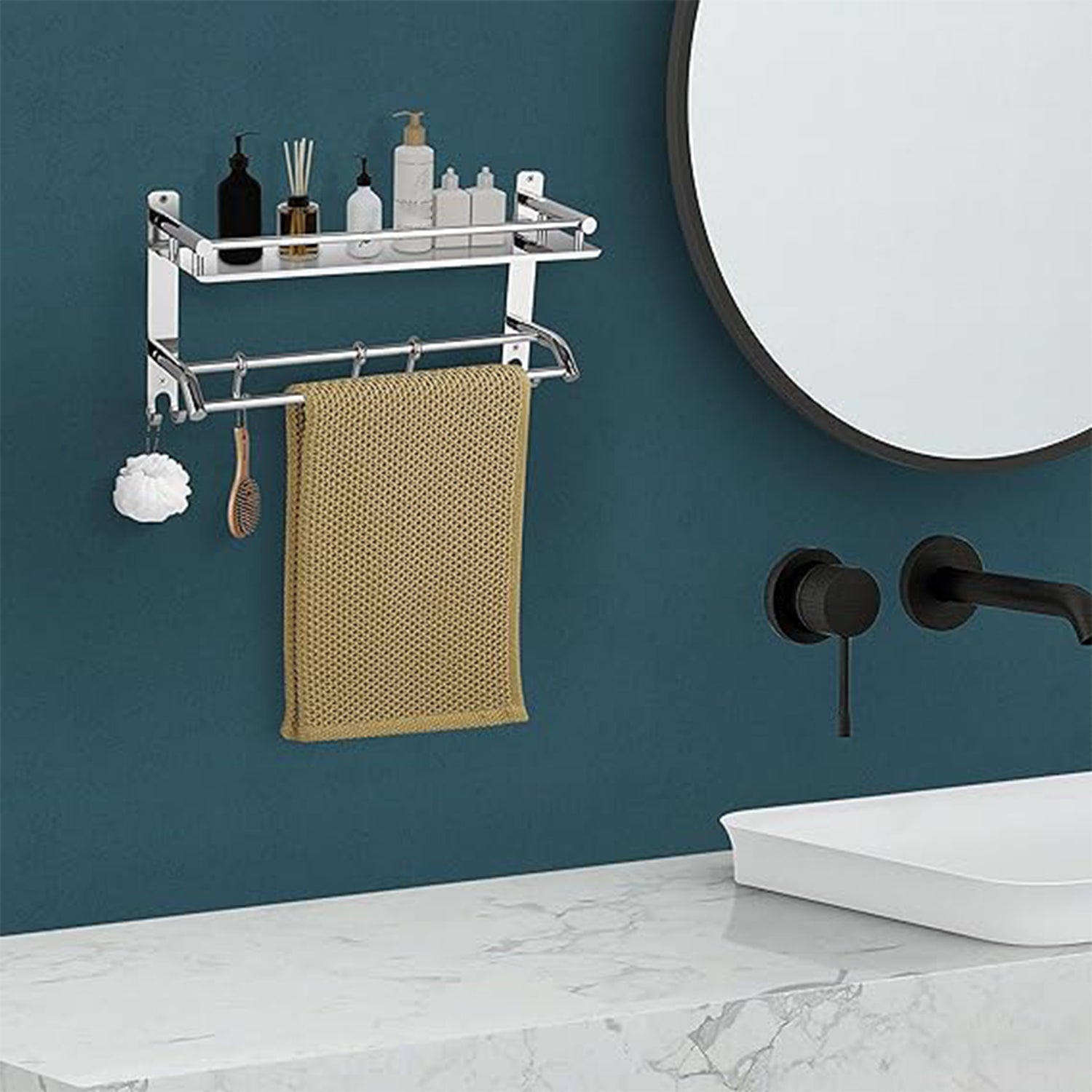 Stainless Steel Single Hook Wall-Mount Multipurpose 2 Tier Shelf