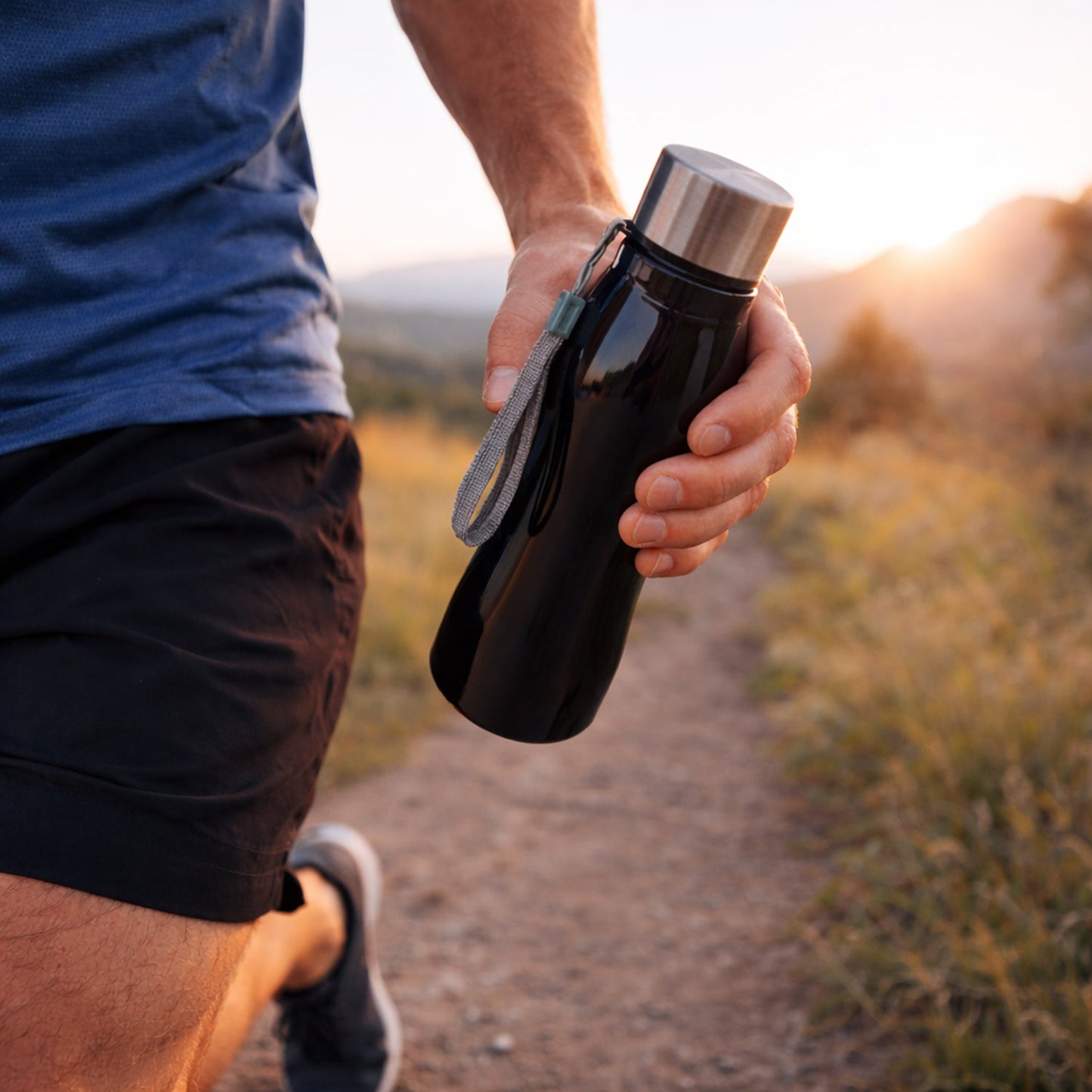 Stainless steel water bottle with carry strap side view