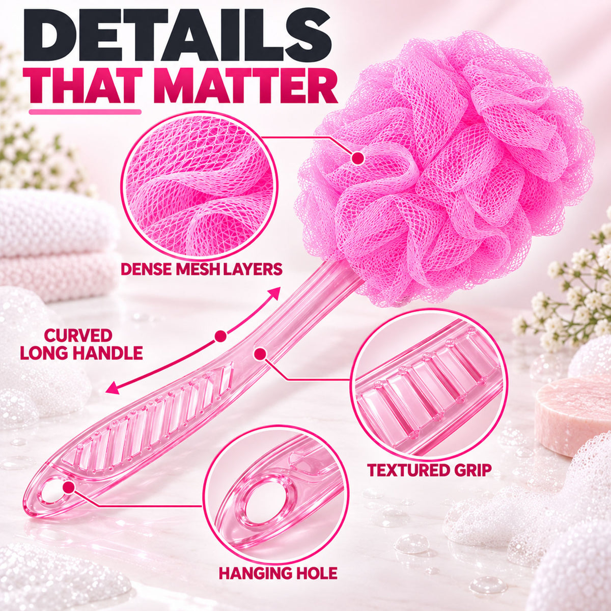 Long Handle Back Scrubber for Bathroom Shower, Body Loofah Brush 45 Cm (1 Pc)