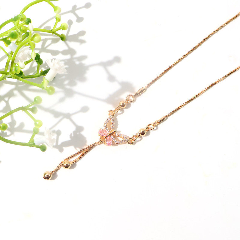 Delicate Pink Crystal Butterfly Pendant Necklace for Women – Gold Plated Adjustable Chain