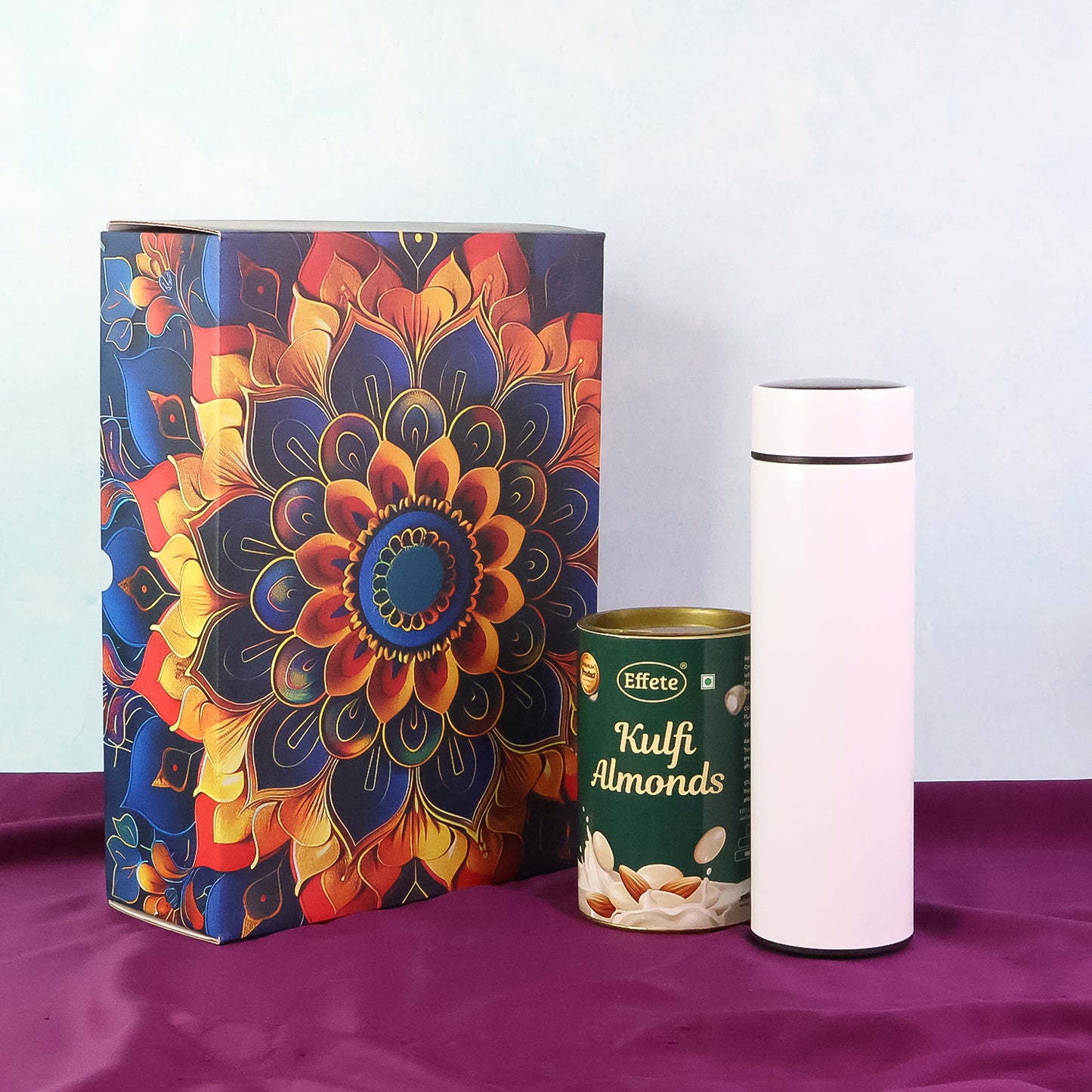 Effete Kulfi Almonds Gift Hamper, Golden With Bottle (2 Pc Set)