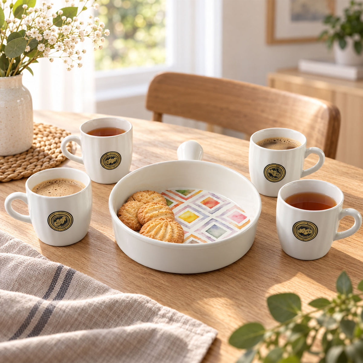 A ceramic platter with a colorful square pattern holds cookies, surrounded by four white mugs filled with coffee and tea.