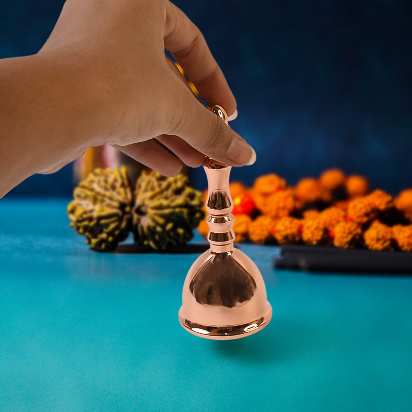 Brass Super Deluxe Rose Gold Puja Bell, Pooja Ghanti, Ghanta for Home and Temple, Prayer Bell