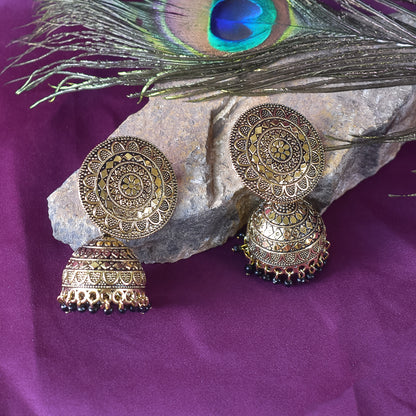 Elegant Gold-Coloured Jhumka Earrings with Intricate Design