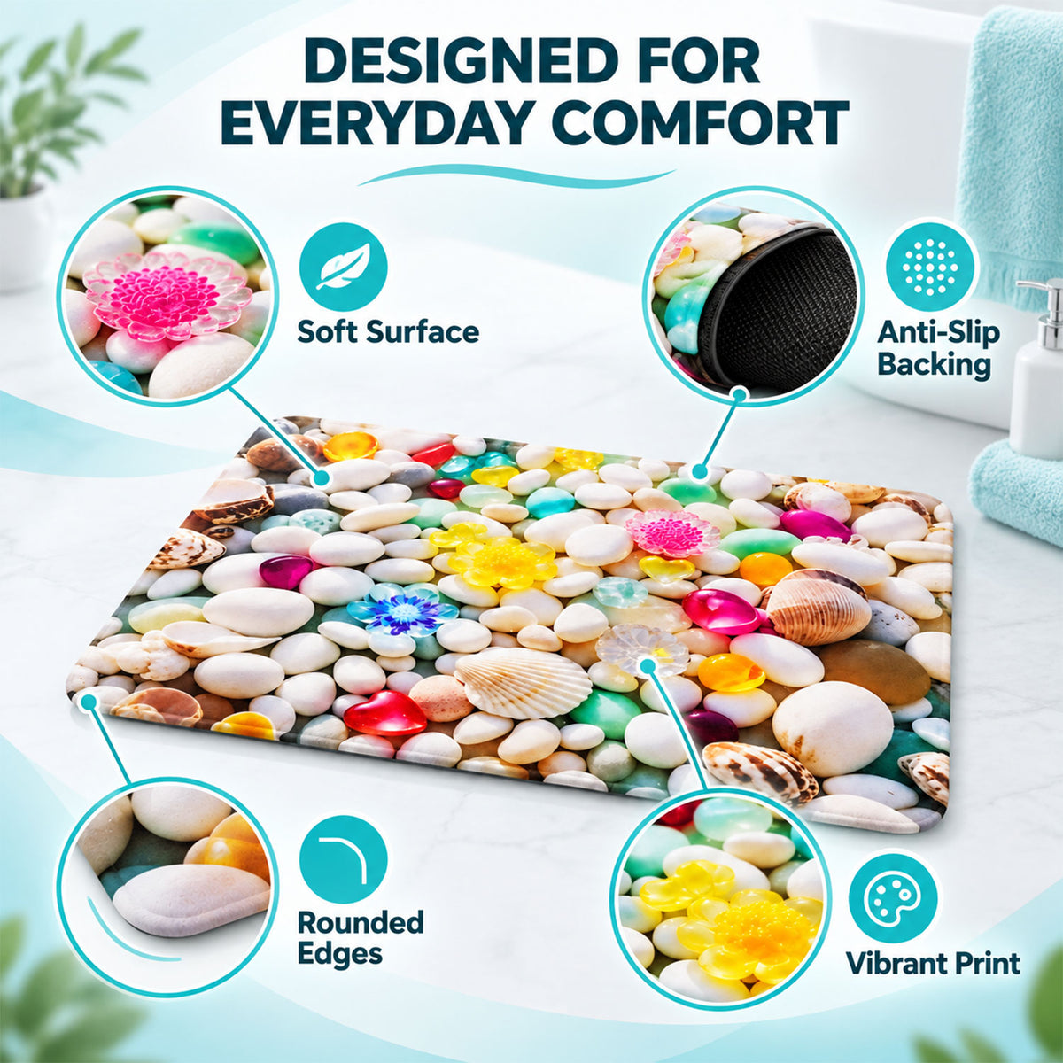 3D Pebble Stone Shower Mat, Seashell Print Water Absorbent Rug (1 Pc, 58x38 Cm)