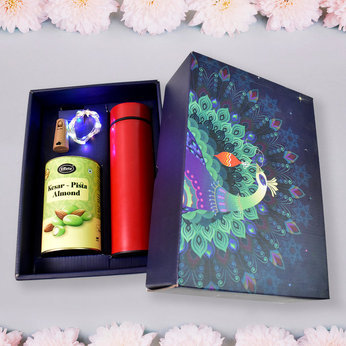 Personalized Temperature Water Bottle, Decorative Light & Kesar-Pista Almond Chocolate (With Attractive Peacock Box / 3 Pc Set)