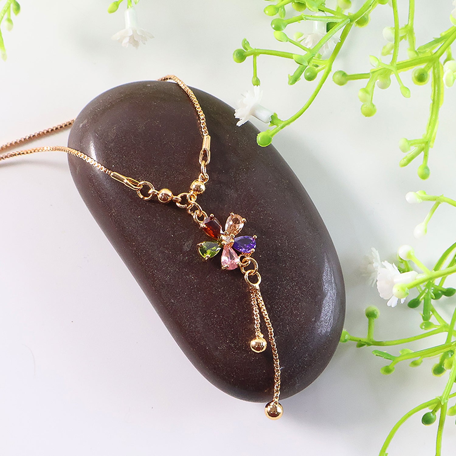 Gold-Plated Multicolor Butterfly Pendant Necklace with Hanging Chain Detailing for Women