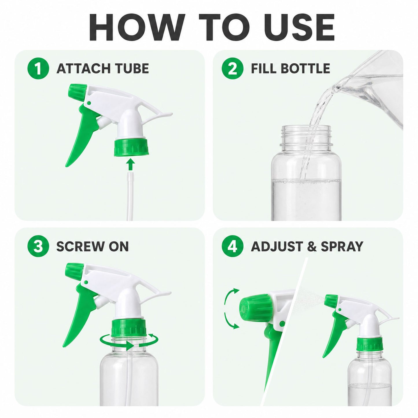 Four-panel guide illustrating how to attach, fill, screw on, and adjust the sprayer nozzle.