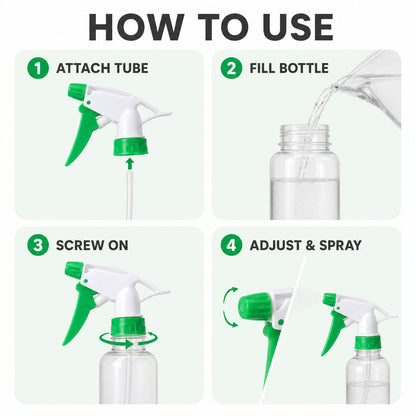 Four-panel guide illustrating how to attach, fill, screw on, and adjust the sprayer nozzle.