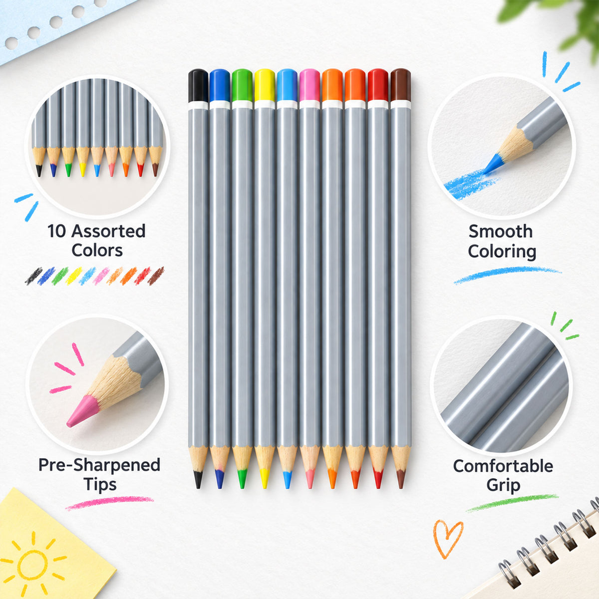 Wooden Colour Pencil Set with Sharpened Tips for Drawing and School Art Projects
