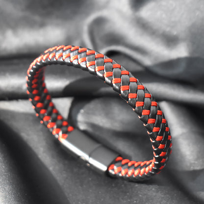 Black Red Braided Leather Bracelets for Men