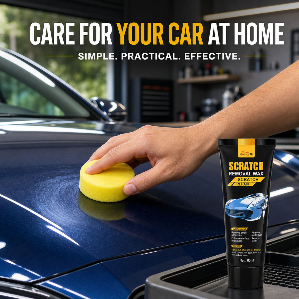 A hand applies scratch removal wax to a car hood, with the product tube visible on the right.