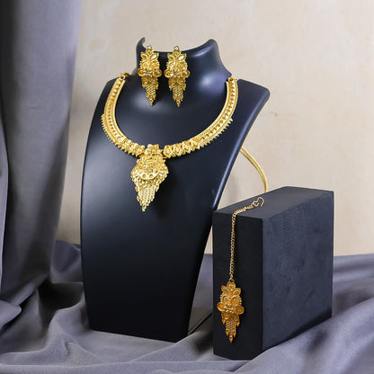 Luxurious Gold-Plated Crescent Necklace Set with Traditional Floral Craftsmanship