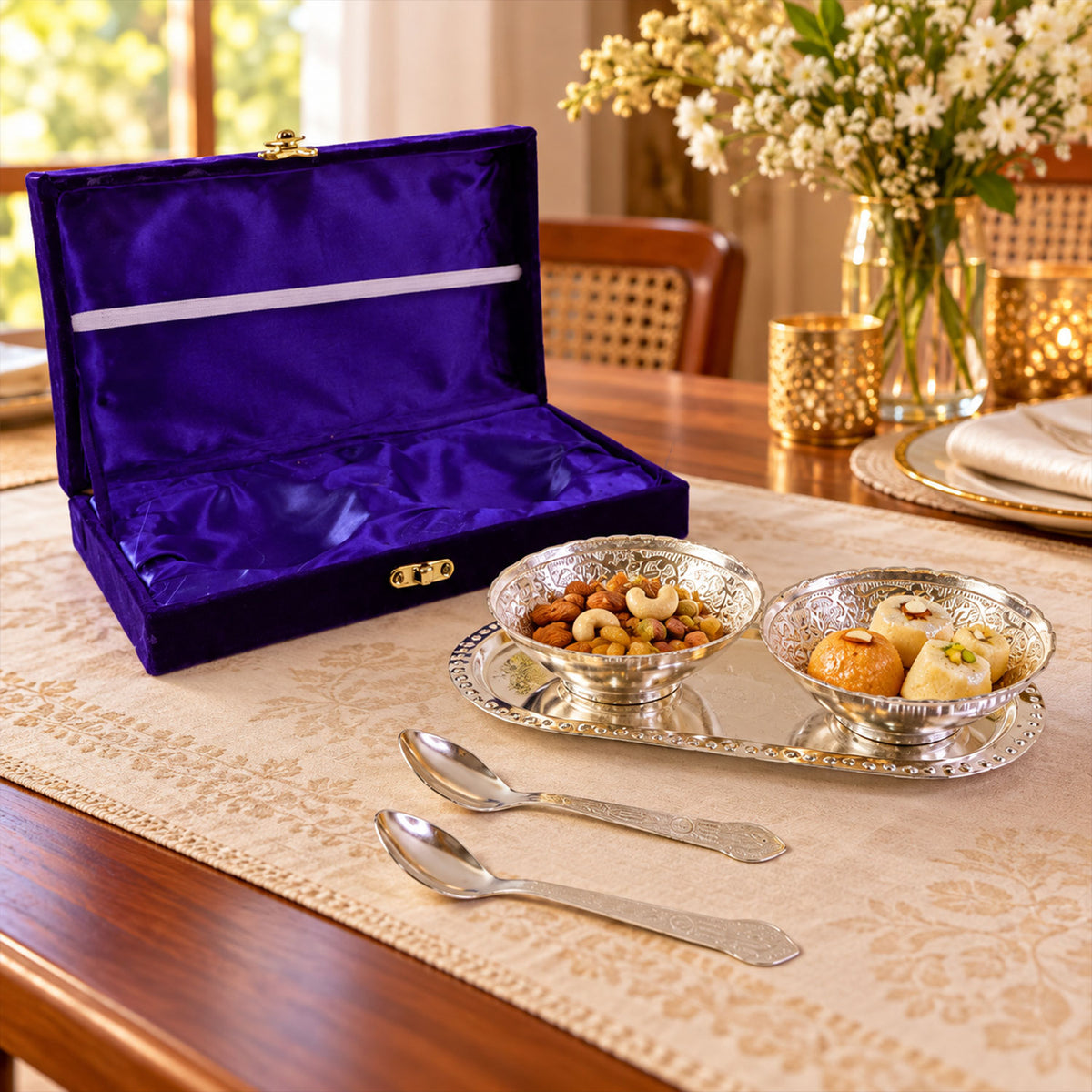 Silver-Plated Brass Bowl Set with Elegant Serving Tray & Velvet Gift B