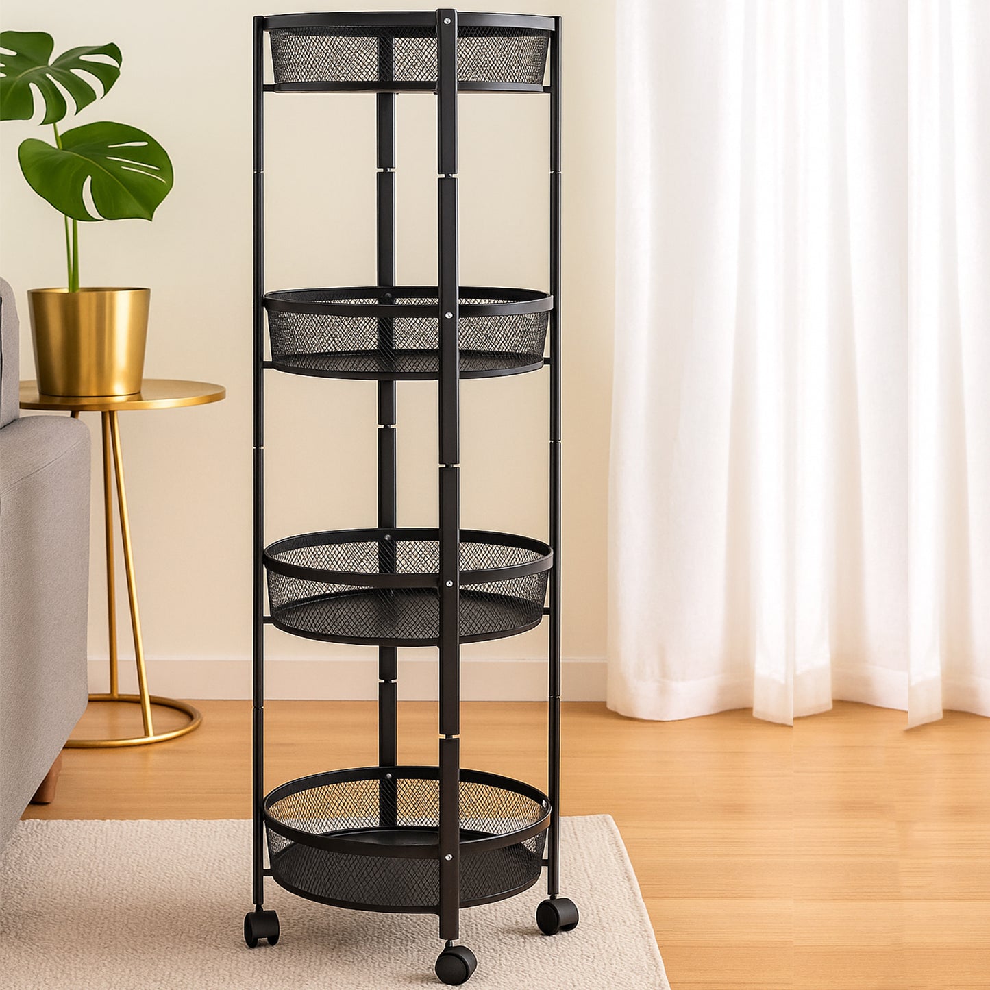 4-Layer Round Metal Mesh Storage Organizer Rack with Wheels (1 Pc)
