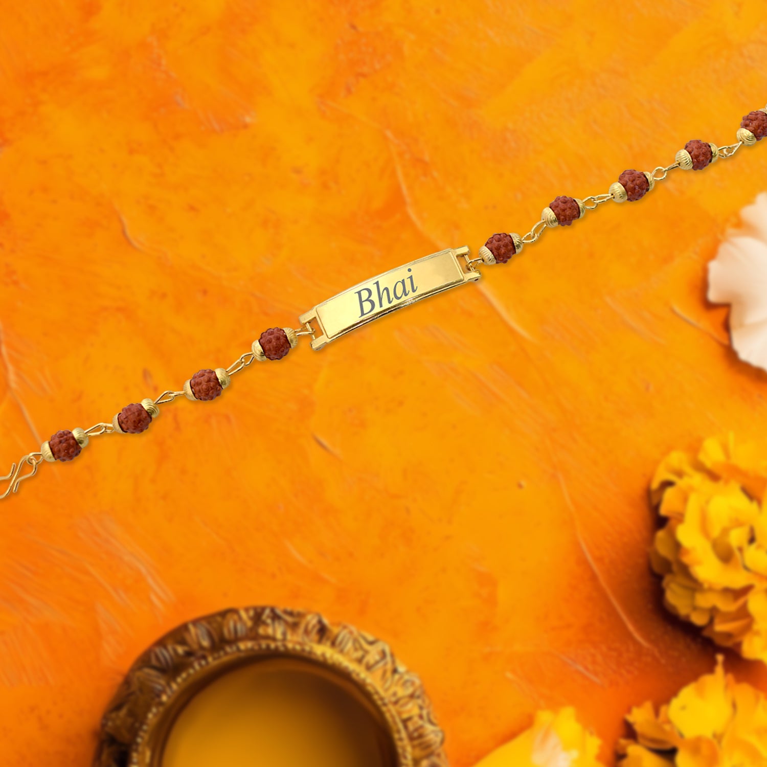 Gold-Toned Bhai Rakhi with Rudraksha Beads – Premium Personalized Rakhi