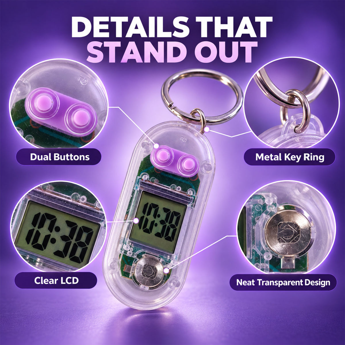 Transparent Digital Clock Keychain with LCD Display for Everyday Timekeeping (1 Pc)