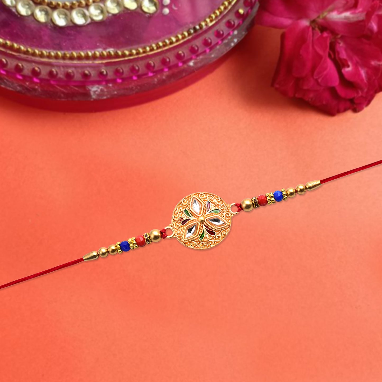 Elegant Meenakari Floral Rakhi with Colorful Beads & Golden Detailing