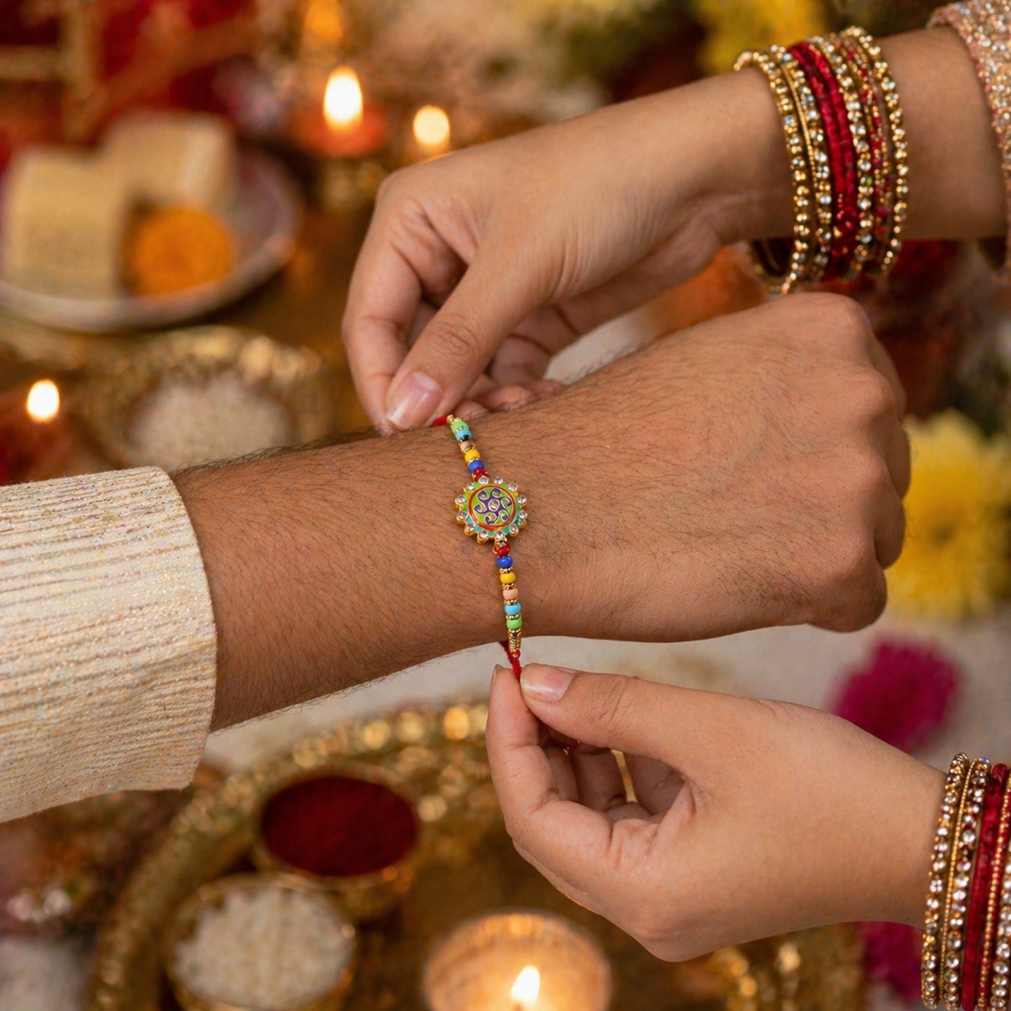 Premium Designer Rakhi with Multicolor Beads & Stone Centerpiece