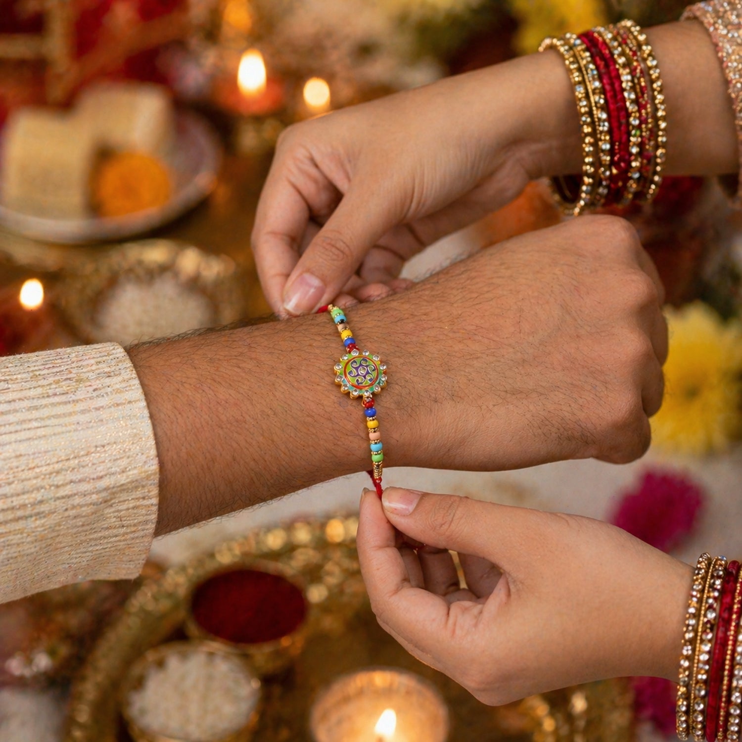 Premium Designer Rakhi with Multicolor Beads & Stone Centerpiece
