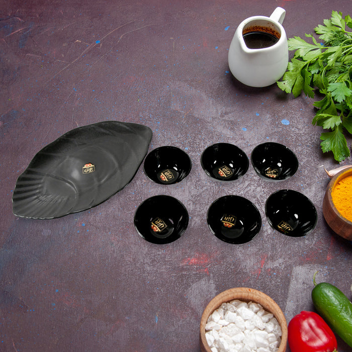 8236 Hello Sweet Round Ceramic Snacks Bowl With Plastic Leaf shape Serving platter Portable, Lightweight Breakfast, Serving Bowl | Ideal for Rice, Pasta, Desserts Home & Kitchen Serving Bowl & platter (7 Pcs set)