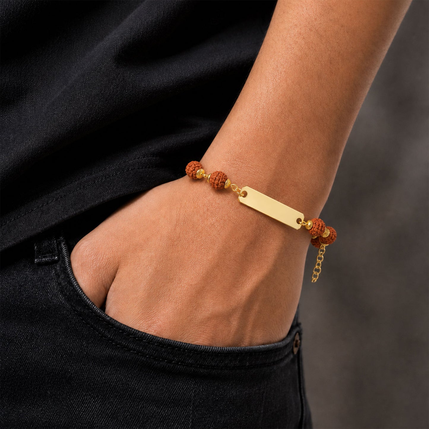 Customized Rudraksha Bracelet Golden Plate Engraved Name (1 Pc)
