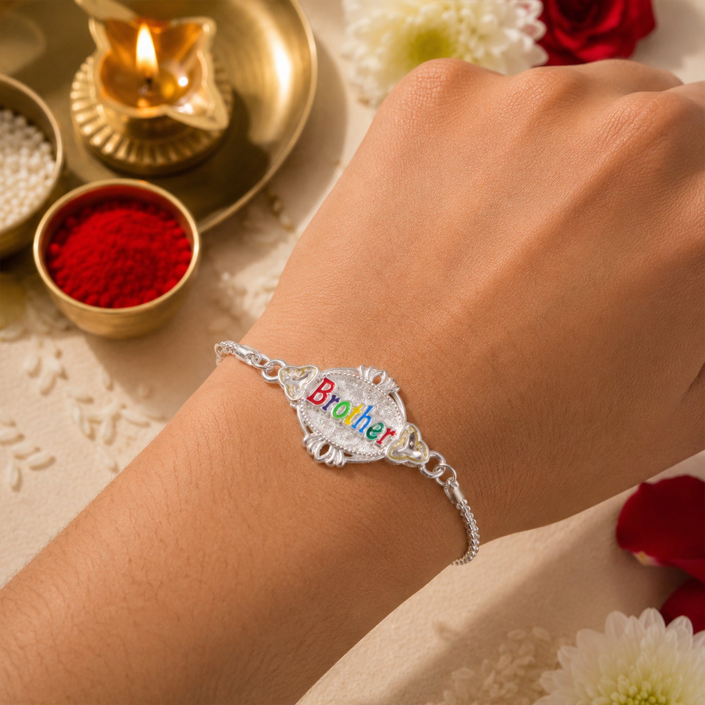 Brother Name Multicolor Enamel Silver Chain Designer Rakhi