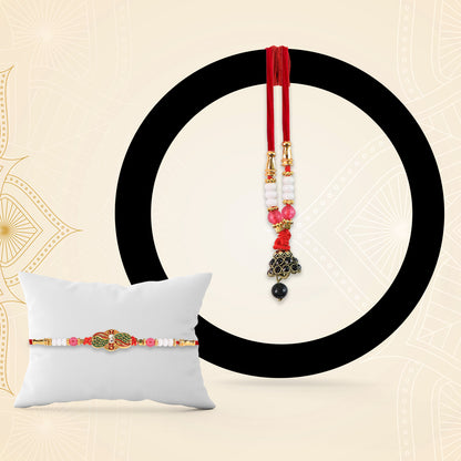 Elegant Bhabhi Lumba Rakhi with Butterfly Design, Beaded Tassels & Pink Stone Work
